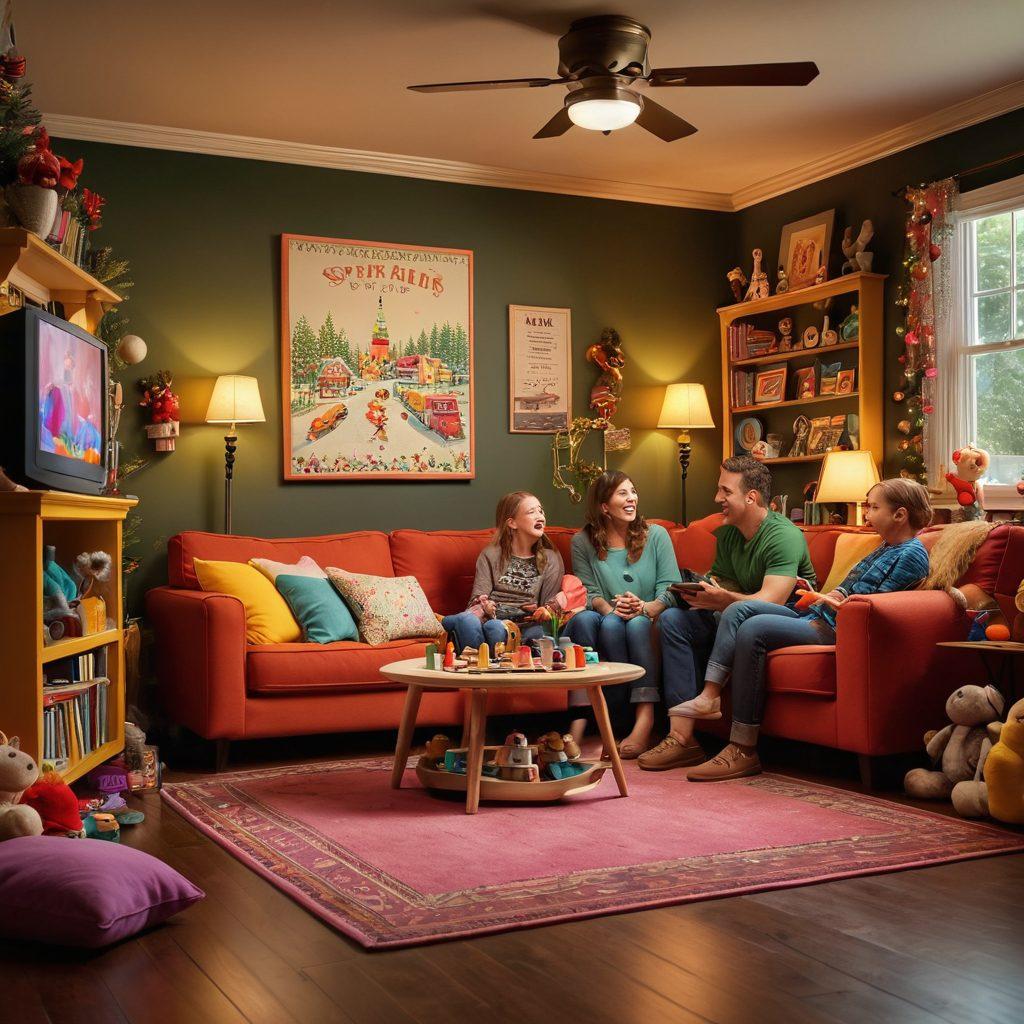A cheerful family gathered in a cozy living room, surrounded by playful decorations inspired by popular TV shows, engaging with each other over fun parenting hacks illustrated on a chalkboard. The scene is filled with colorful toys, a TV showing a classic family show, and a warm atmosphere emanating from soft, ambient lighting. Super-realistic. Vibrant colors. Cozy setting.