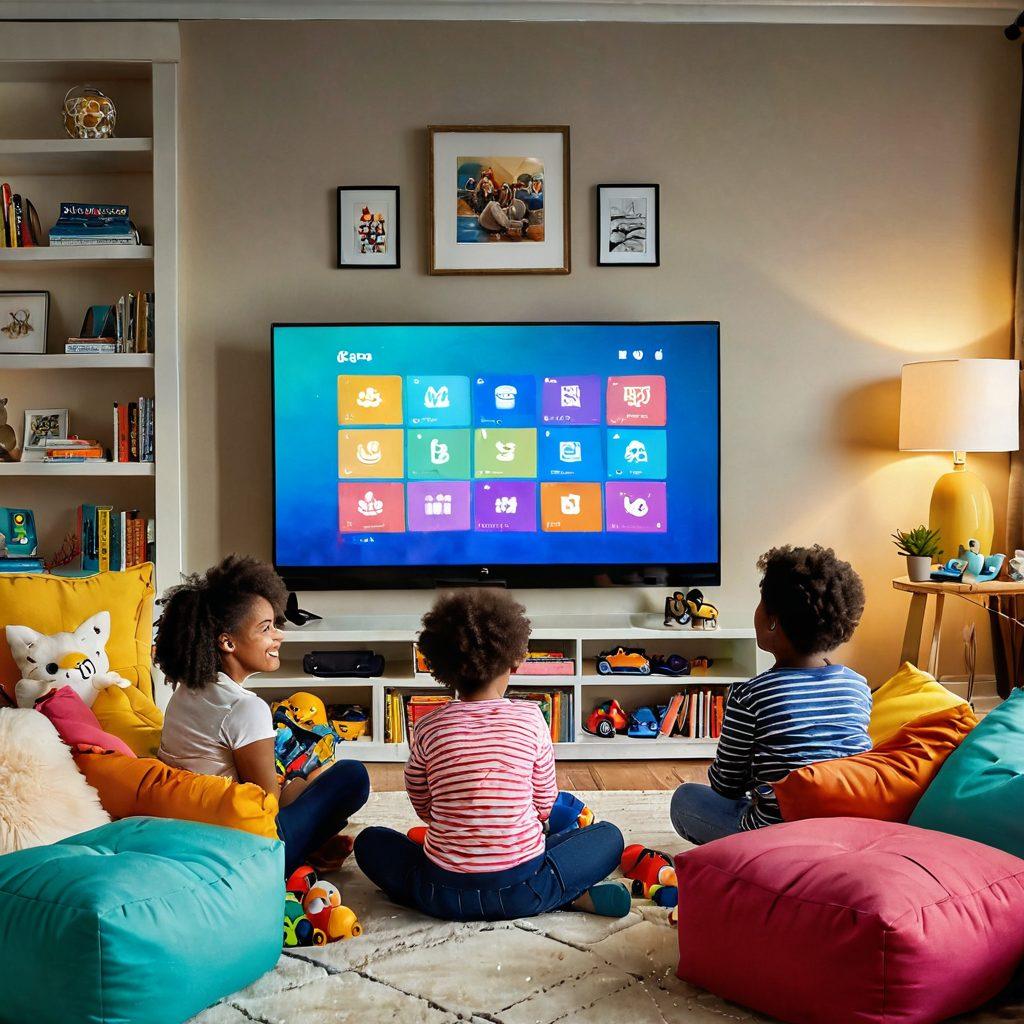 A warm and inviting living room scene showcasing a mother engaging with her children around a large screen displaying family-friendly entertainment. The room is filled with colorful toys and cozy cushions, with a faint glow from the screen illuminating the happy faces. Include hints of parenting hacks like a calendar on the wall and books stacked on a side table. The overall atmosphere should evoke joy, connection, and togetherness. vibrant colors. super-realistic.
