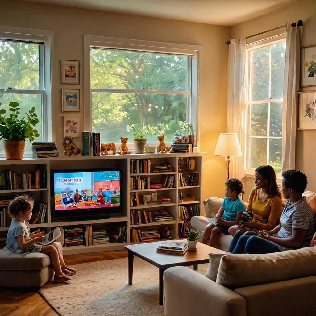 A cozy living room with a diverse family gathered around a glowing television screen showing a parenting show, surrounded by parenting books, toys scattered about, and a window showcasing a vibrant garden outside. Soft sunlight filters in, creating a warm and inviting atmosphere that emphasizes love and connection in family living. super-realistic. warm colors. inviting ambiance.